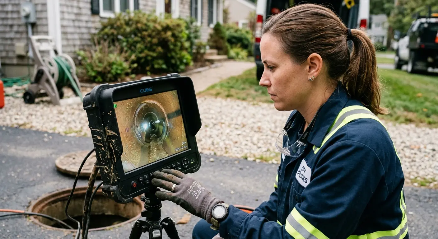 Technician reviewing sewer camera inspection footage in Lincolnshire