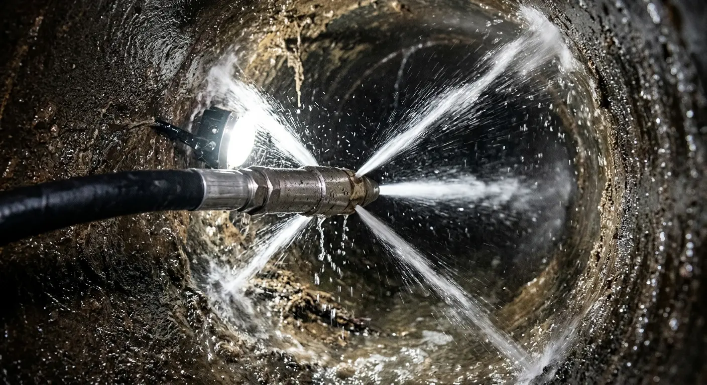 High-pressure hydro jetting nozzle cleaning sewer pipe for Trenchless Sewer Repair in Lincolnshire