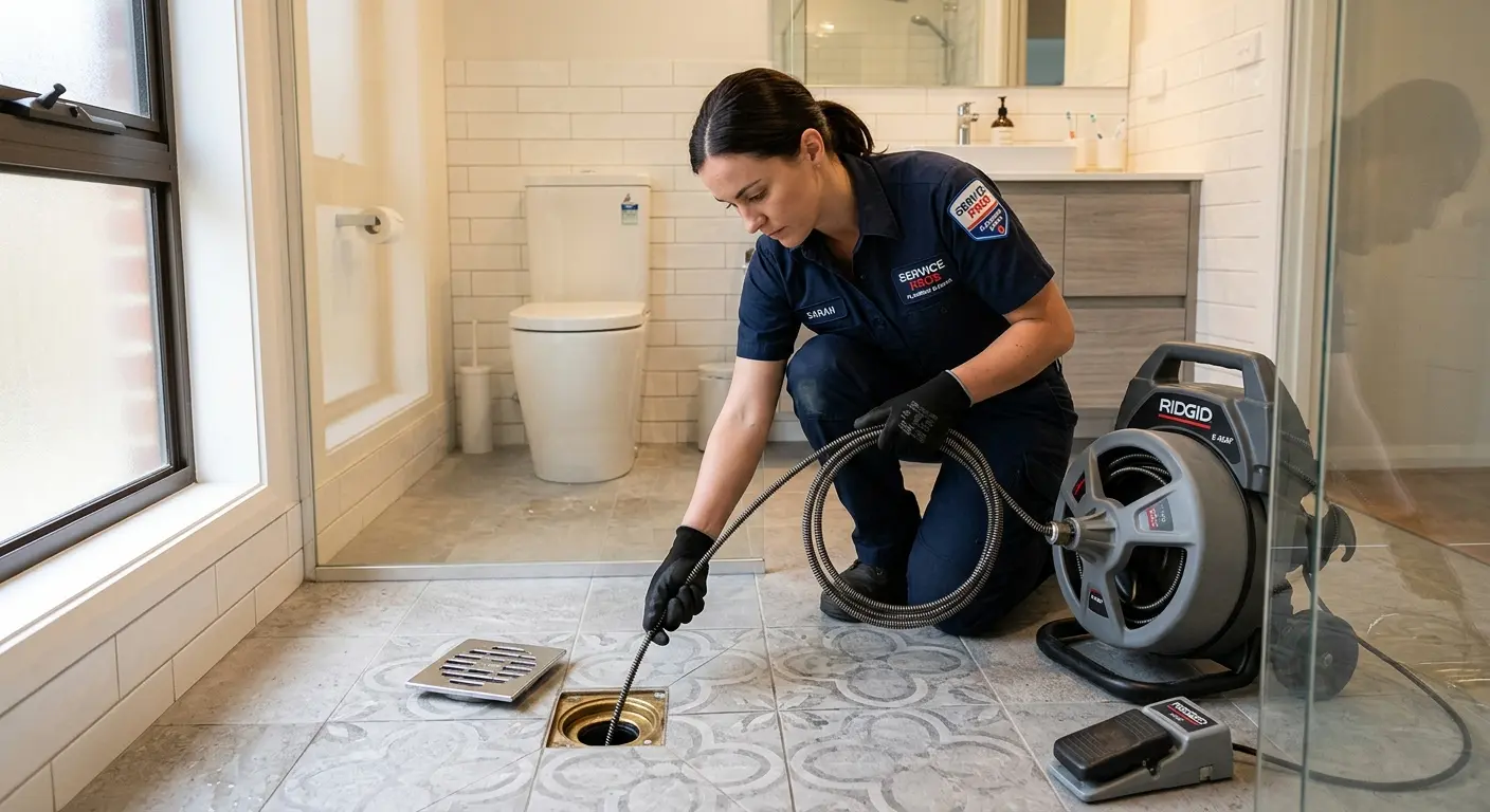 Technician clearing a bathroom floor drain for Clogged Drain Repair in Lincolnshire